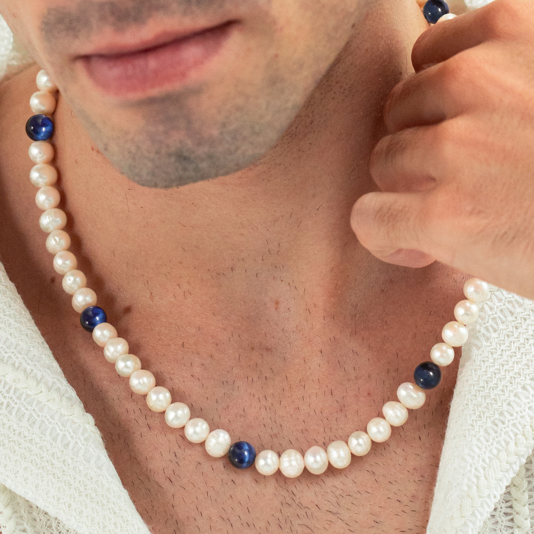 ALEXANDER LYNGGAARD Pearl Necklace with Blue Tiger Eye 8mm Necklaces